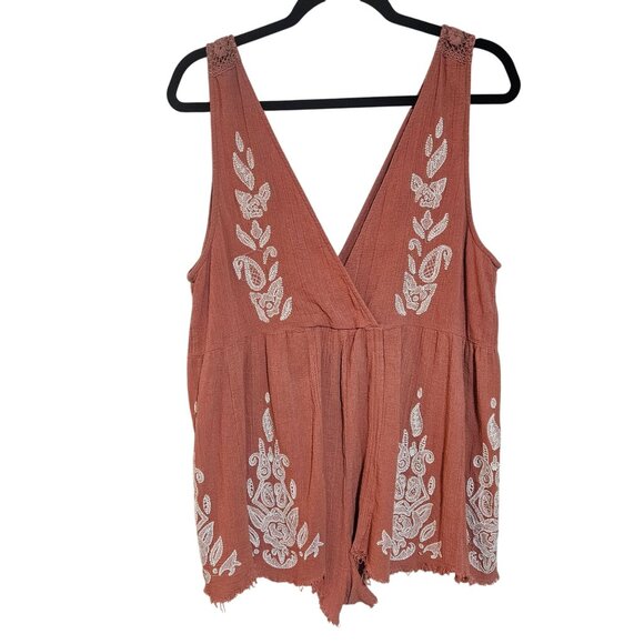 Free People Boho Style Embroidered Romper With Lace Straps In Rust & White Wome - Picture 7 of 11